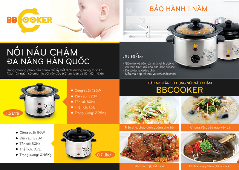 Nồi nấu chậm đa năng Hàn Quốc BBCooker loại 1,5lit